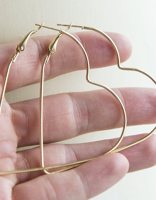 Load image into Gallery viewer, Huge heart hoop earrings, large golden heart gift earrings
