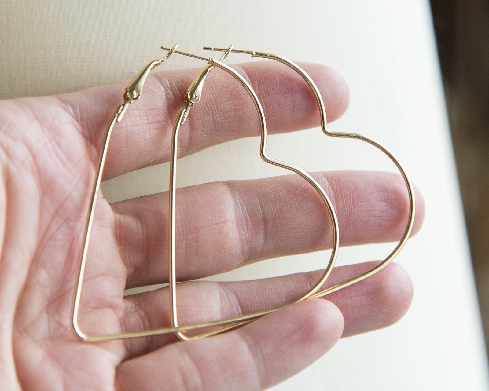 Huge heart hoop earrings, large golden heart gift earrings