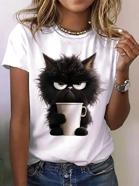 Cat Print T-shirt, Casual Short Sleeve Crew Neck Top For Spring &