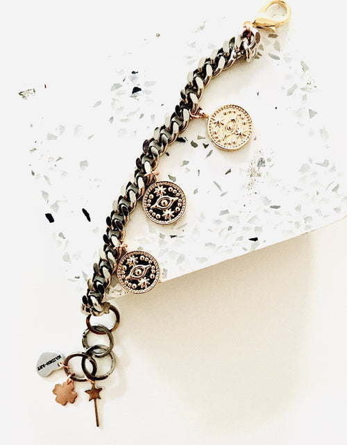 Load image into Gallery viewer, Evil Eye Coins Bracelet in Gold or Silver.
